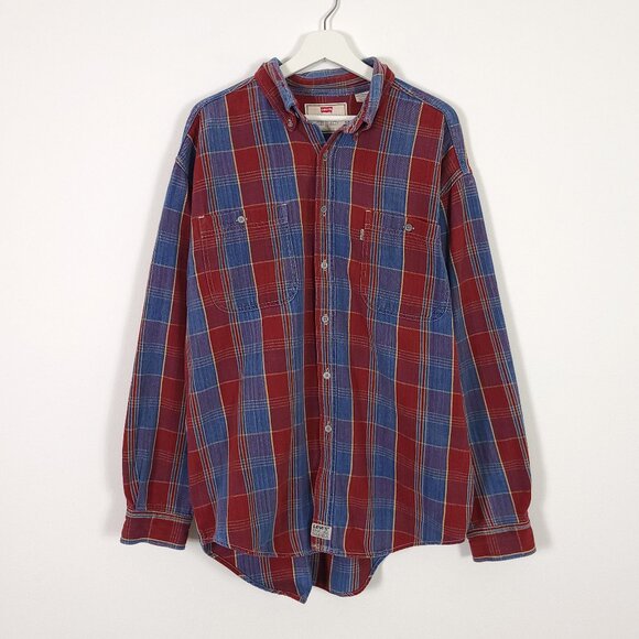 Vintage 90s Levi's Red & Blue Plaid Button Down Shirt Made in Hong Kong - Picture 1 of 8